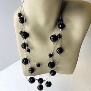 Vintage Black Bead Necklace Three Strand Chain Necklace with Black Bead Accents